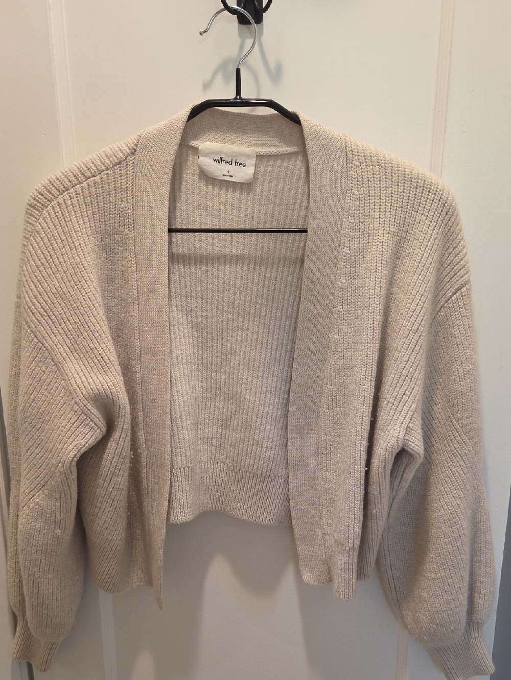 Wilfred Women's Merino Wool Beige Open-Front Ribbed Cardigan (S)